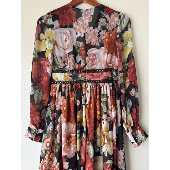 ❌SOLD❌ L'Atiste Burnt Orange Floral Semi Sheer Deep V Maxi Dress Size Small - Picture 9 of 11